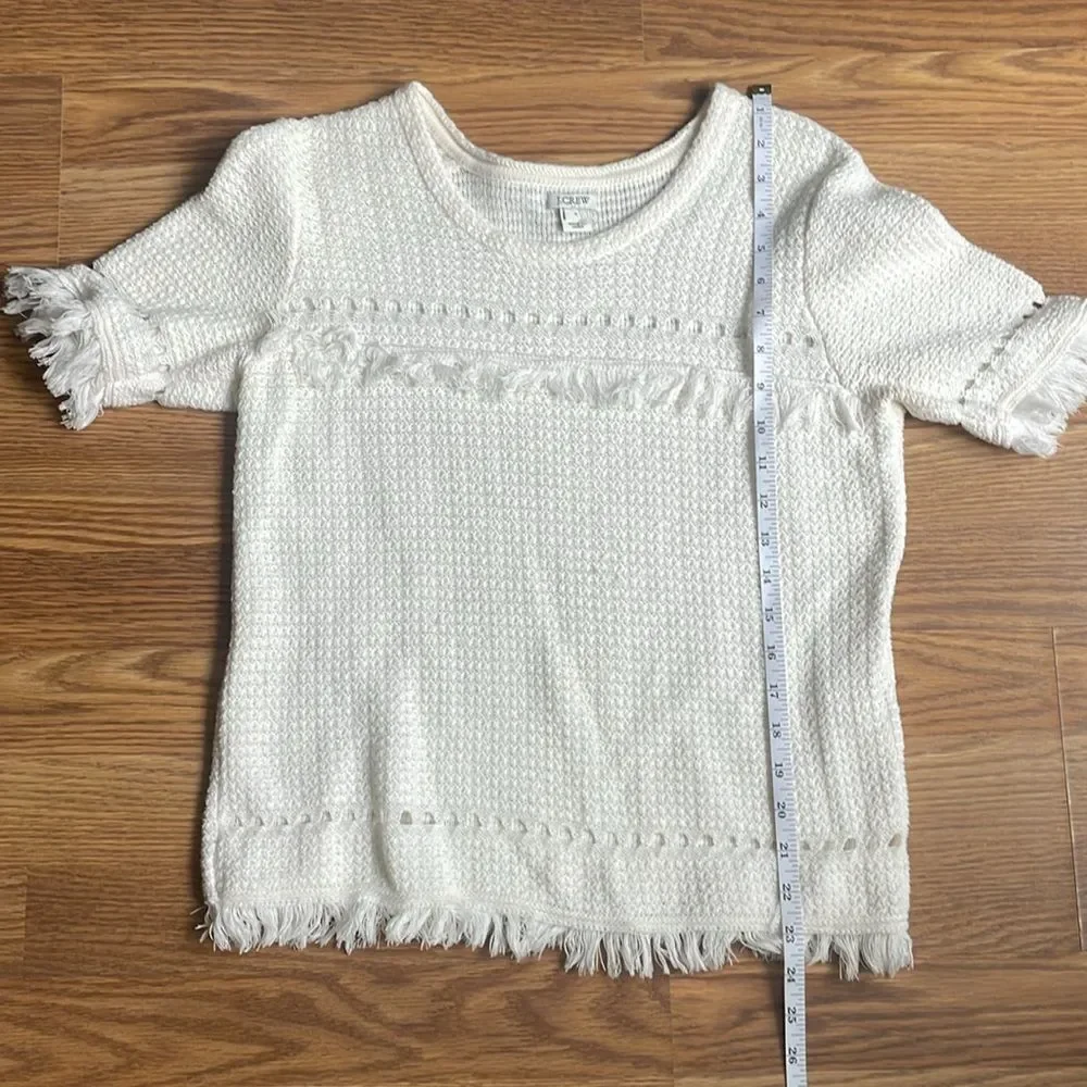 J Crew fringe short sleeve sweater white 100% cotton size small top NWOT